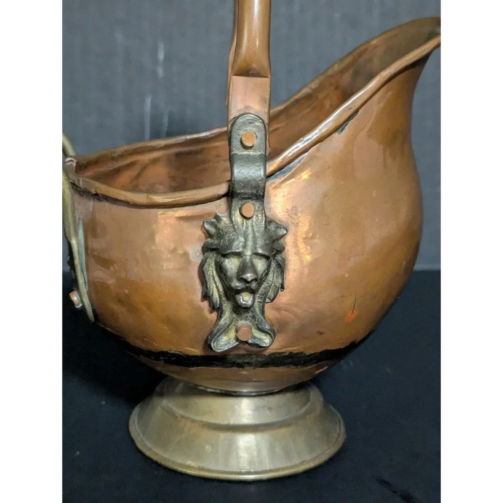 Vintage MCM Copper & Brass Coal Scuttle Lion Mounts Delft-Style Ceramic Handle